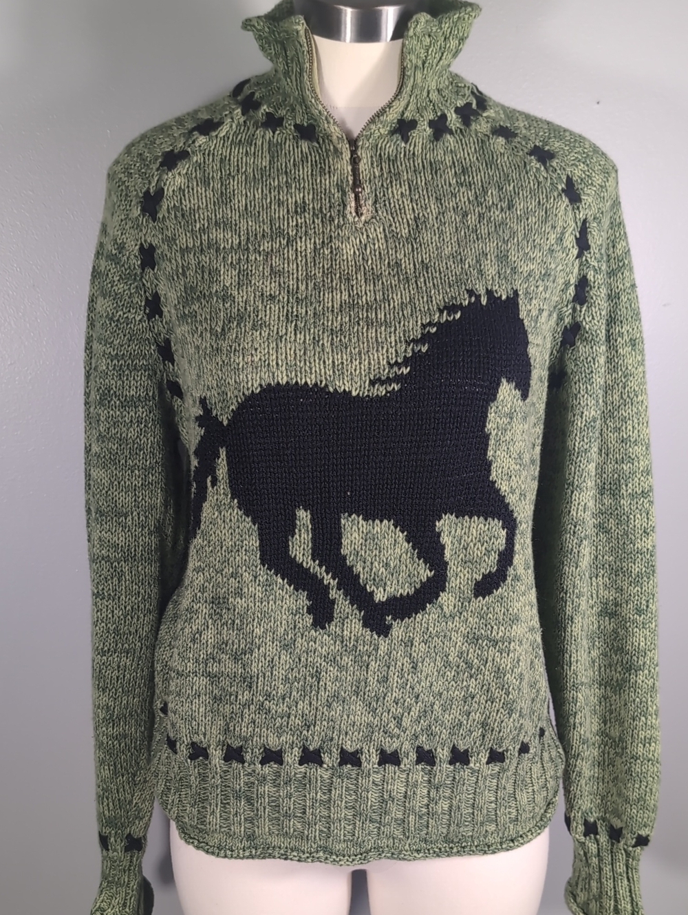 Vintage Green Knit Horse Motif Half-Zip Sweater